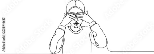 Slika na platnu Continuous line drawing of a person covering eyes, expressing denial or shyness