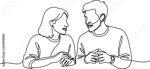 Tableau sur toile Continuous line drawing of a man and woman talking, engaged conversation, white