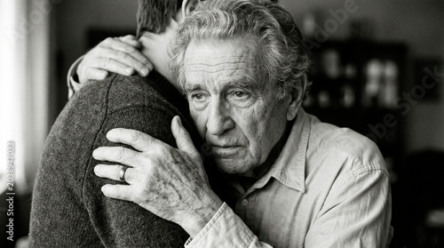Black and white photo of elderly man hugging young man, possibly grandson, face expressing deep emotion, sadness or tiredness, dramatic moment, family, love, aging.
