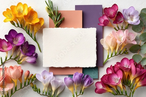 Blank white card mockup surrounded by colorful freesia flowers and textured paper flat lay