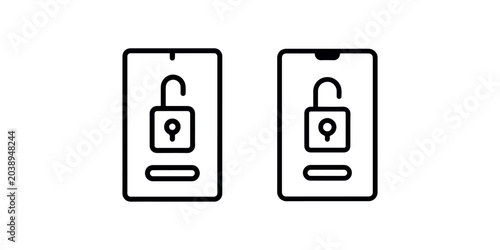 Unlocked smartphone icon set with padlock symbol on mobile screen digital security access and privacy protection interface graphics for device software.