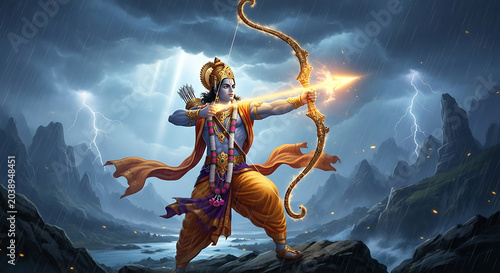 Blue skinned warrior with bow and arrow in stormy landscape