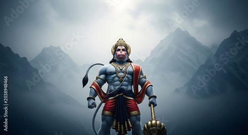 Muscular Hanuman figure holding mace against misty mountains