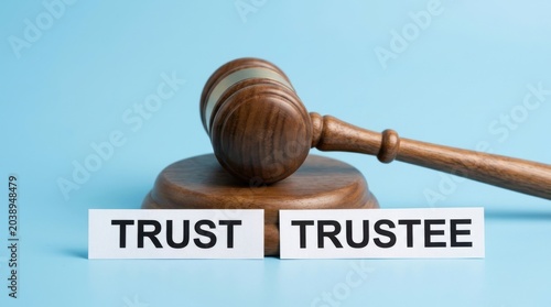 Legal judge gavel with trust and trustee text labels, wooden mallet on sound block for estate planning, fiduciary law and inheritance concept