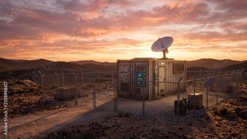 Rugged Modular Edge Computing Datacenter Unit Deployed at a Remote Industrial Location at Sunset, 5G IOT Infrastructure