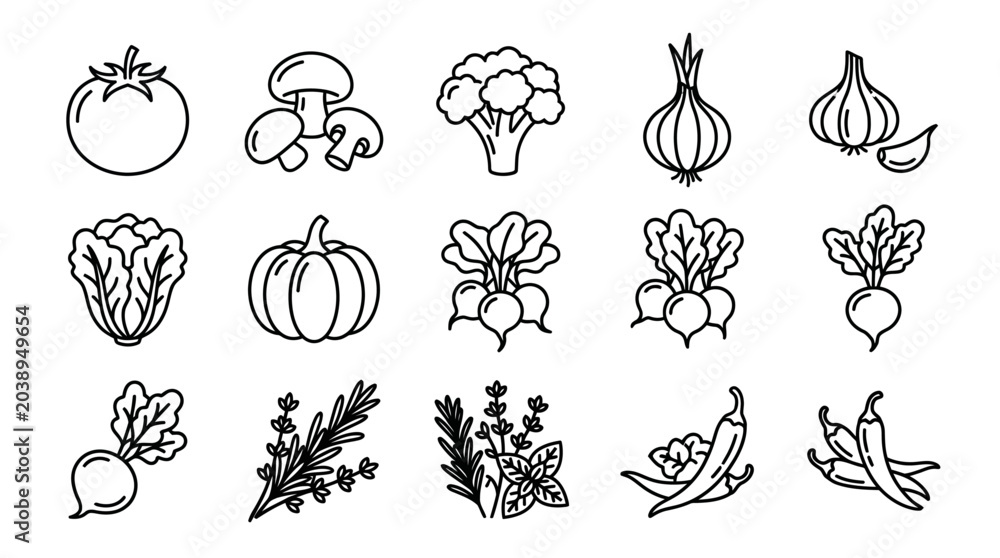 Fototapeta premium Vegetable icons in black line art.