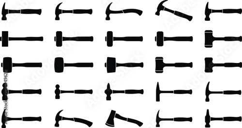 Foto Black Silhouette Collection of Various Professional Hammers and Axes Tools in Di