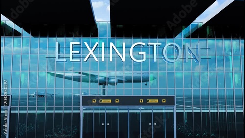 Airlane landing at Lexington, USA. Arrival in the city with reflection of airport and aircraft