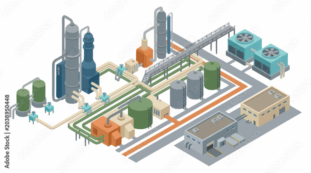 Naklejka premium Industrial Chemical Plant with Complex Piping and Towers.