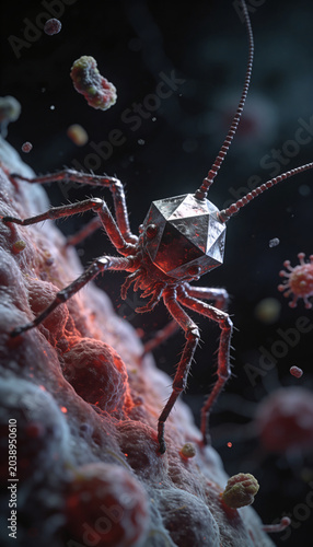 Metallic insectoid bacteriophage virus attacking human cell. Microscopic view of dangerous pathogen infection. Biological research of microbiology, epidemic spread, and medical concept.