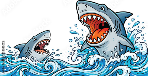 Cartoon sharks emerging from ocean waves with open mouths