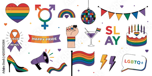 Pride celebration icons with rainbow colors including heart gender symbols disco ball and cake in bright lighting