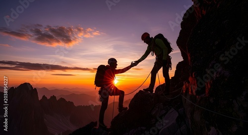 Mountain climbers helping each other on a rocky peak. Teamwork and trust in extreme sports. Two hikers joining hands to reach the summit during a dramatic sunset