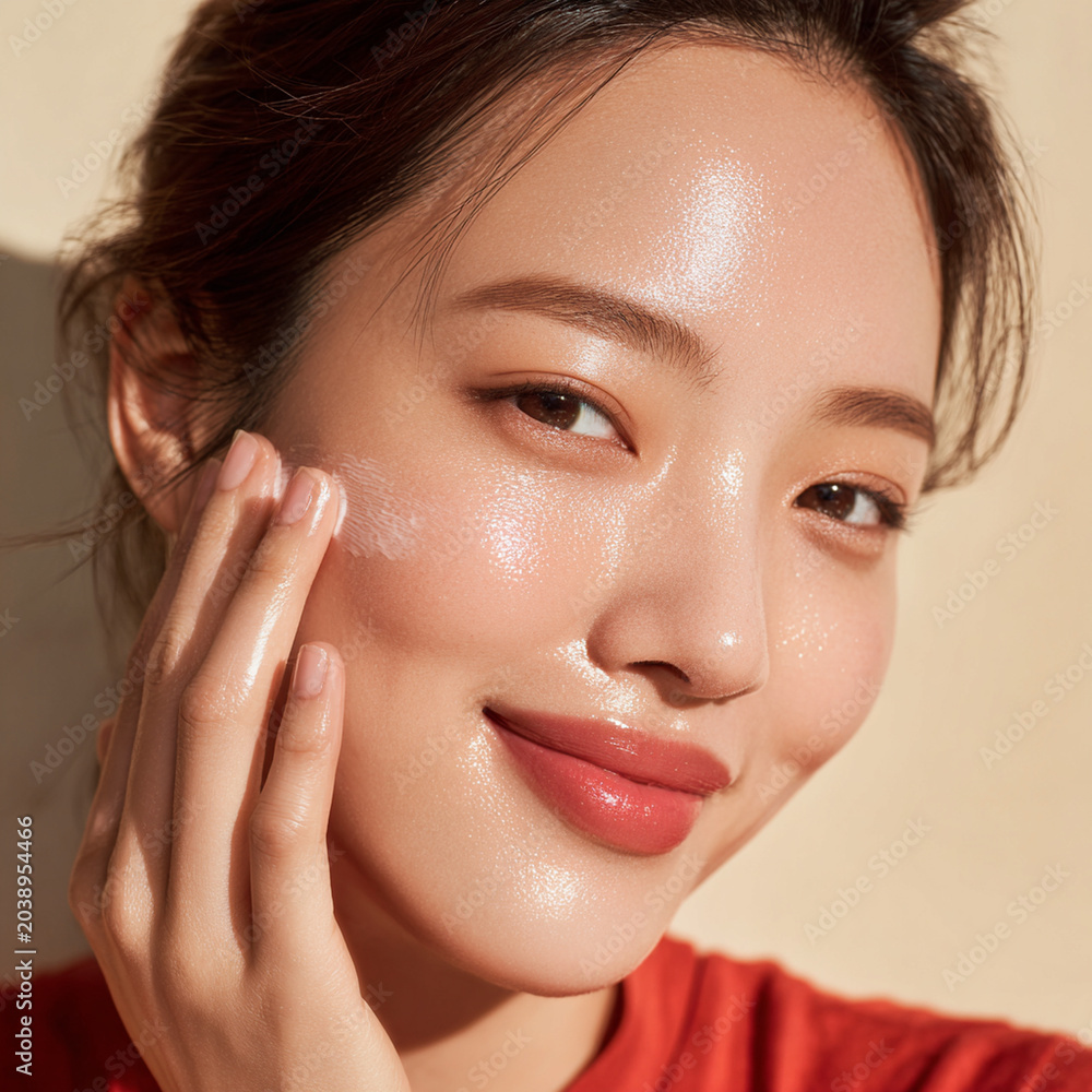 Obraz premium Radiant beauty of Korean woman applying skincare product on her glowing skin, fresh and healthy appearance. image captures moment of self care and confidence