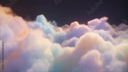 Dreamy pastel colored clouds at sunset with soft peach and blue hues, serene atmosphere, gradient sky texture, nature background, copy space