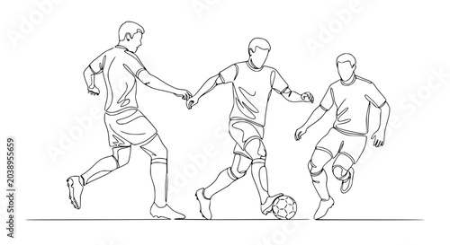 Fotografia Continuous line drawing of three soccer players in action, dribbling and defendi