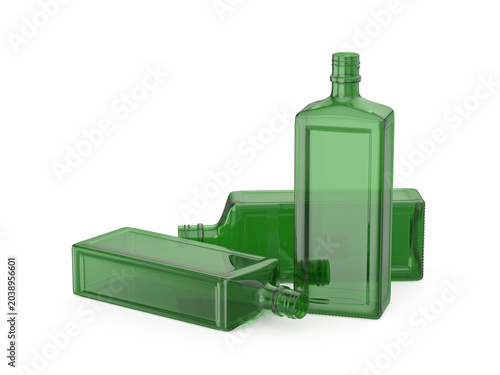 Three empty green bottles for alcoholic beverages