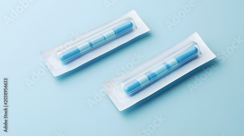 Two sealed blue medical test tubes in sterile packaging on a light blue background for healthcare analysis