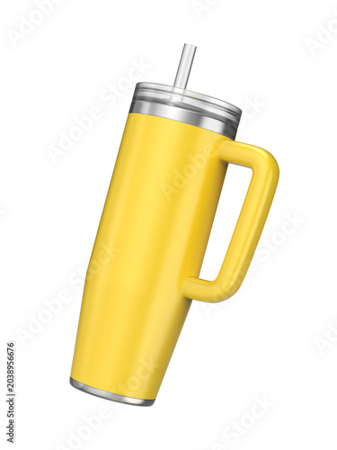 Yellow tumbler with straw and handle on transparent background