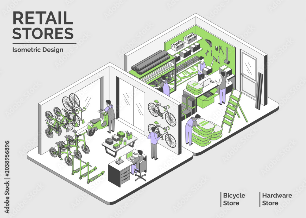 Fototapeta premium Cartoon Color Retail Stores Interior Inside Hardware and Bicycle Shop Plan Concept 3d Isometric View Line Elements. Vector illustration