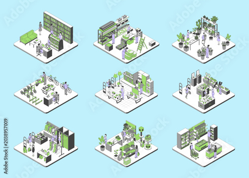 Cuadro en lienzo Cartoon Color Types Retail Stores Include of Book, Hardware, Flowers, Bicycle Interior Shop Plan Concept 3d Isometric View Line Elements