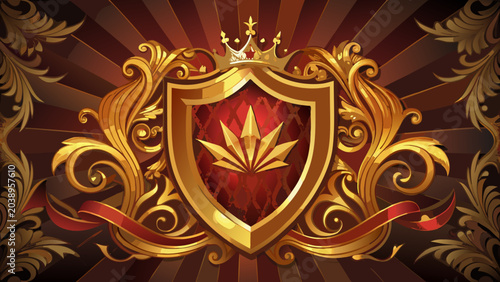 Ornate shield emblem with golden crown and foliage detail heraldry prestige gradient background abstract illustration cresting filigree composition identity emblematic framework