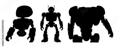 Robot silhouette set with high-contrast black negative design featuring robotics, technology, sci-fi with black and white illustration and vector style