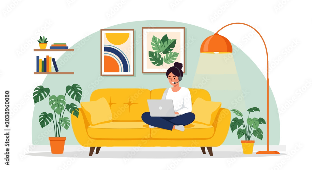Obraz premium Woman working on laptop in living room, remote work concept, home office