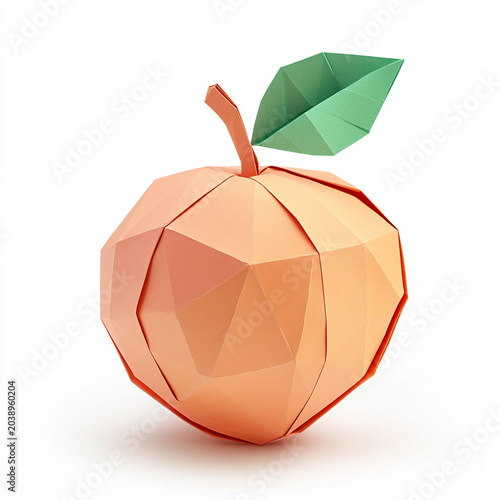 Paper peach model with geometric design, featuring orange body and green leaf, stands isolated against white background. This artistic representation highlights creativity and craftsmanship