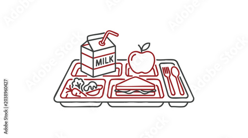 School lunch tray icon with milk, apple, sandwich, and vegetables