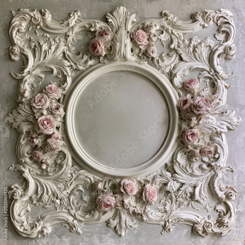 Vintage architectural relief ornament with classic white molding, floral elements and copy space