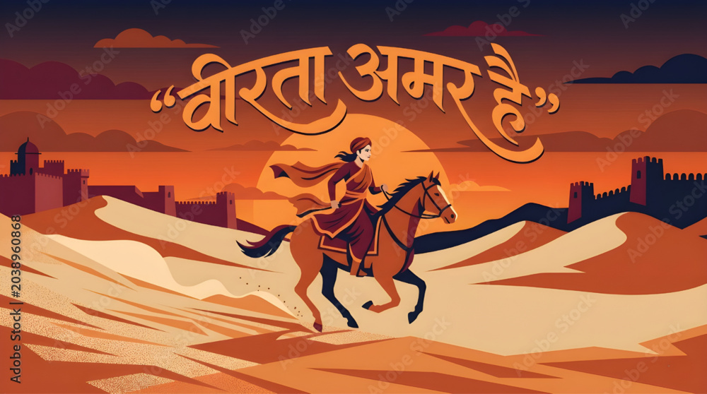 Fototapeta premium Desert Warrior Flat Vector Portrait of Rani Lakshmi Bai with Dynamic Hindi Typography