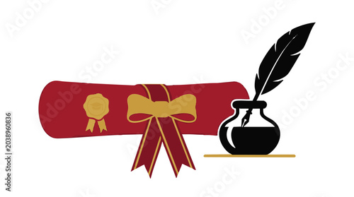 Graduation diploma scroll with ribbon and quill pen in inkwell
