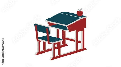 School desk and chair with an apple isolated on white background