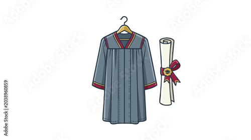 Graduation gown and diploma scroll isolated on white background