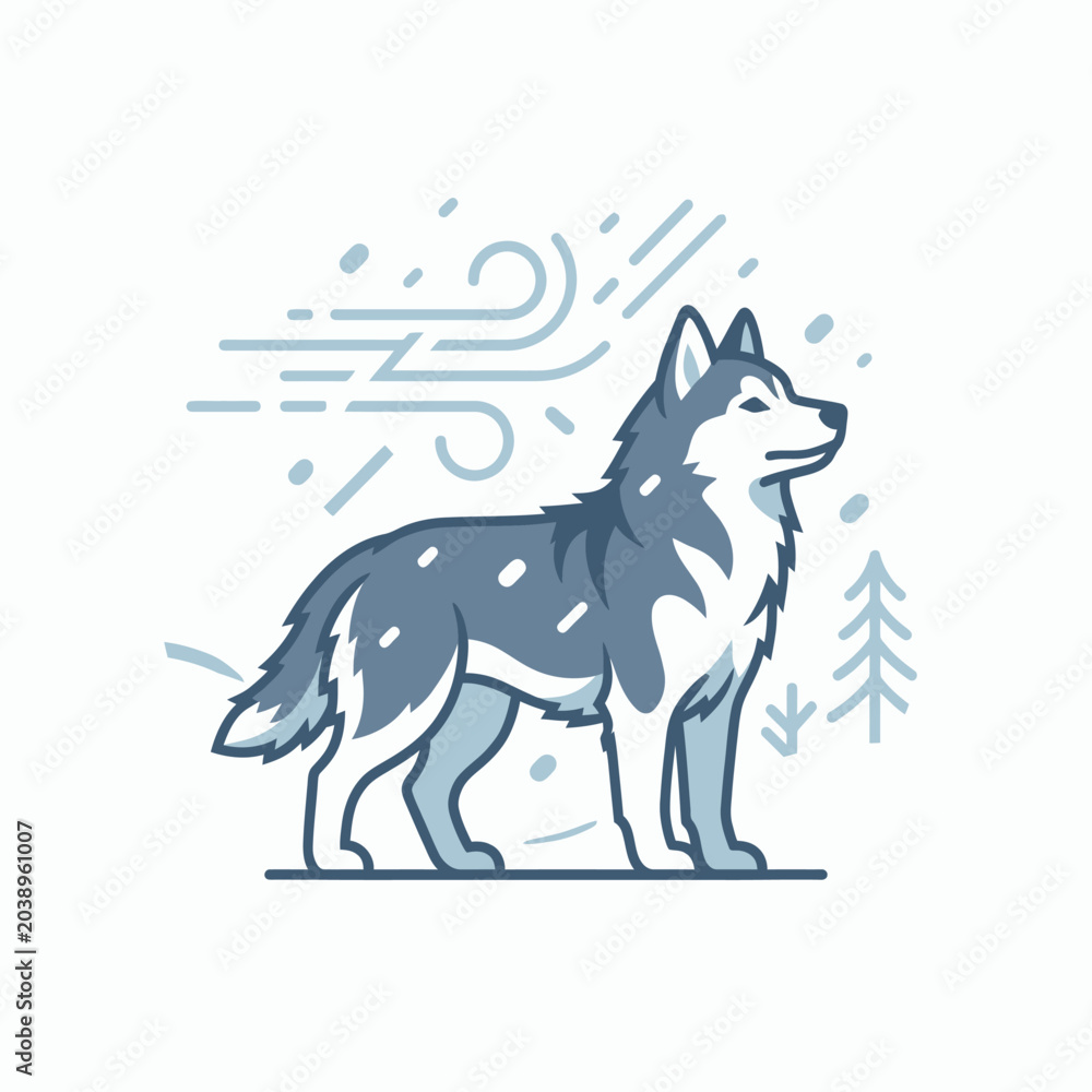 Obraz premium Minimalist wolf illustration standing in a winter snowy landscape.