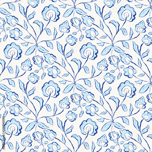 Hand-drawn blue white trailing floral seamless vector pattern background. Relaxed dense vintage flowers with a modern brushstroke. Casual sketched botanical style for packaging, gifting,