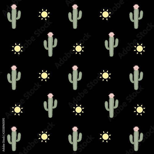 Cute Cactus and Sun Seamless Pattern on black  Background