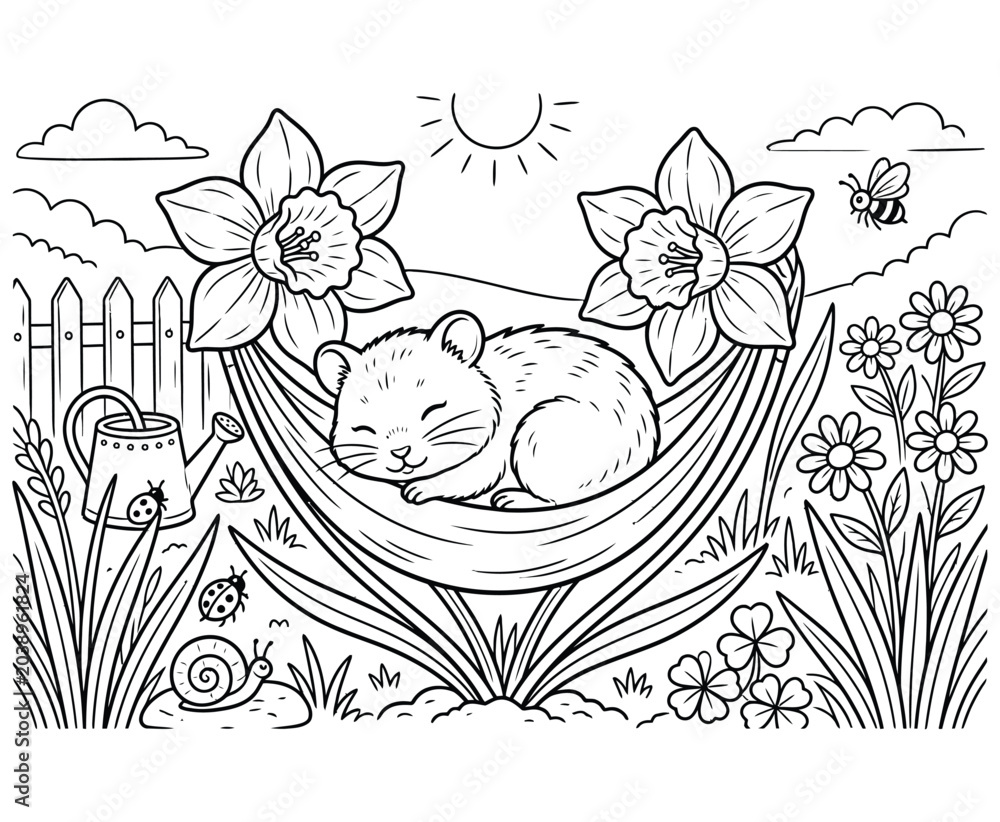 Fototapeta premium Small hamster sleeping in hammock outdoors surrounded by flowers, coloring book page.