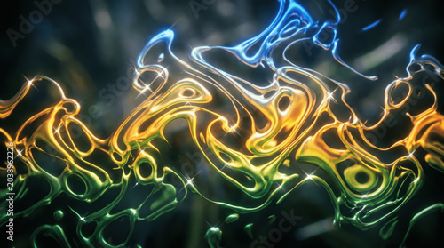 Colorful patterns shift and swirl in a fluid motion, merging shades of blue, orange, and green