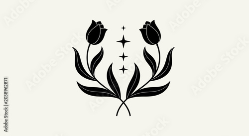 Cuadro en lienzo Minimalist black tulip logo with leaves and plus signs, business branding concep