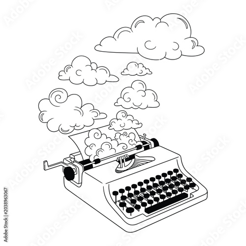 Vintage typewriter with clouds emerging from the paper representing creative writing and imagination black and white line art illustration