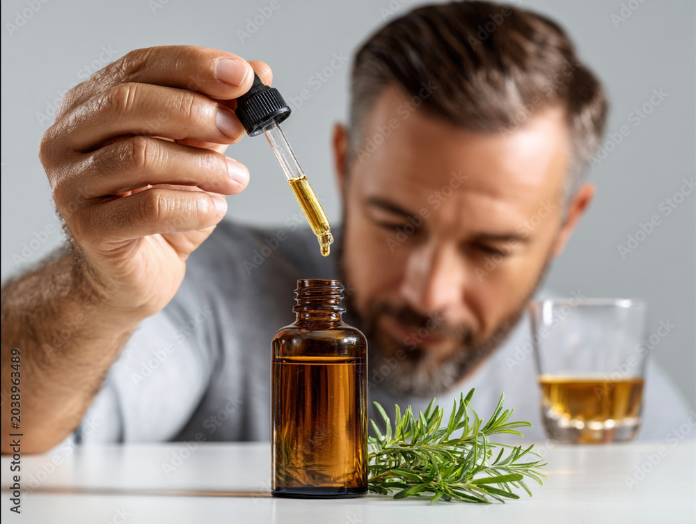 Fototapeta premium Man holds glass dropper above brown bottle, preparing to extract liquid. glass of liquid and sprig of greenery are nearby, creating natural and focused