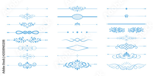 Fotografía Collection of elegant blue vintage text dividers floral ornamental borders and decorative line elements vector illustration