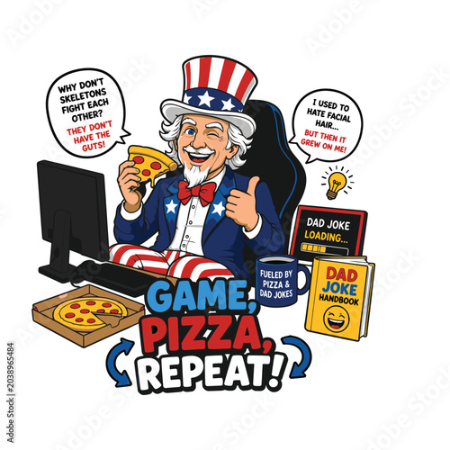 Funny Uncle Sam Eating Pizza Playing Games Dad Joke Cartoon