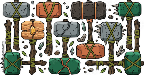 Canvas Print Stone Age Primitive War Hammer Icon Set Featuring Crude Rock Tomahawks, Wooden M