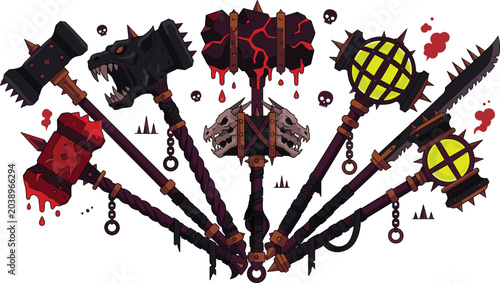 Obraz na płótnie Dark Demonic Fantasy Weapon Icon Set Featuring Bleeding Molten Hammers, Dragon S