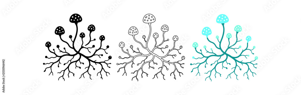 Fototapeta premium Mushroom mycelium cluster icon set. Fungal network, hyphae, spores, branching roots, caps. Line, flat and colored vector icon set.