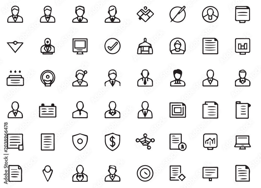 Fototapeta premium Business management, corporate human resources, and financial analysis line icon set