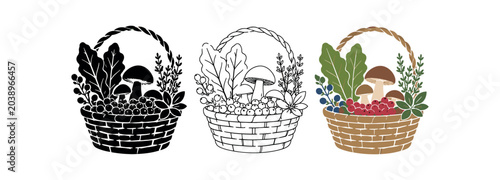 Foraged basket icon set. Mushroom basket, berries, leaves, herbs, wicker harvest, woodland gather. Line, flat and colored vector icon set.